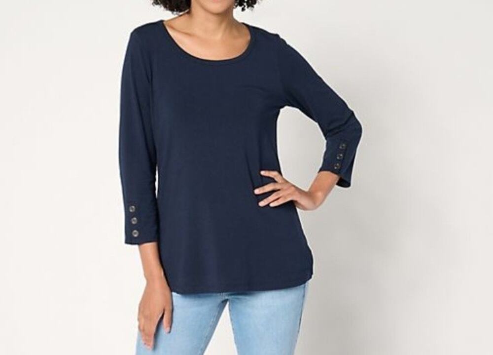 Susan Graver Med Navy Comfy Cotton 3/4 Sleeve Top Button Detail A654225